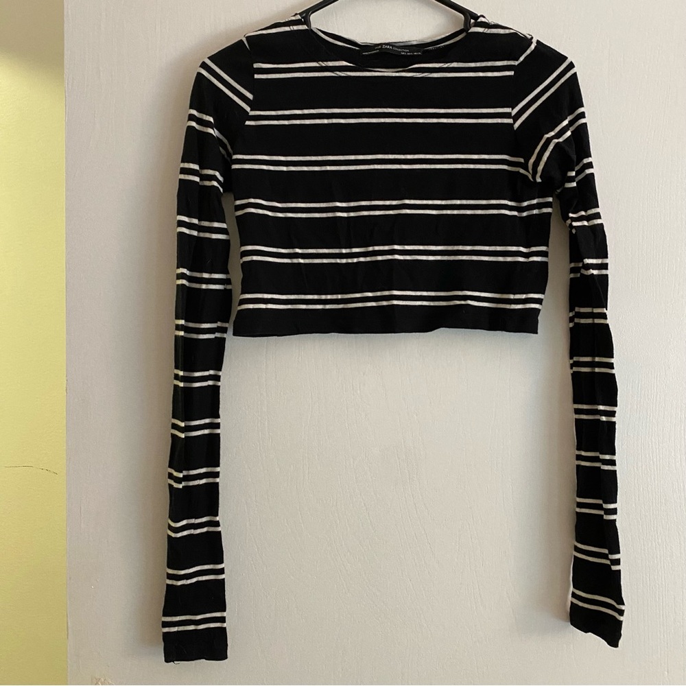 Zara Striped Cropped Long Sleeve Top Size: S